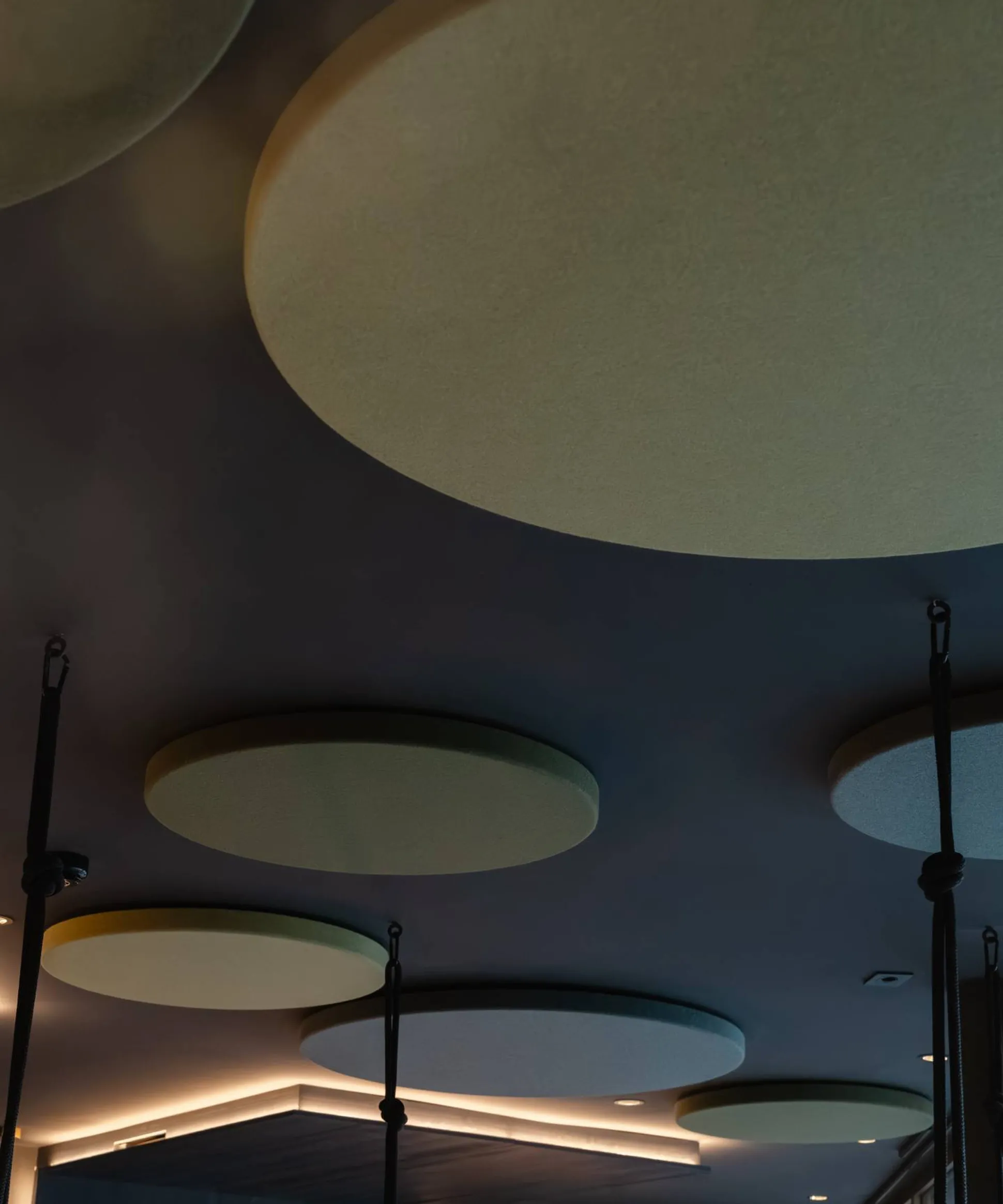 Interno moderno Silenzia: soffitto blu con pannelli fonoassorbenti circolari crema sospesi, luci calde lungo l’angolo della stanza.