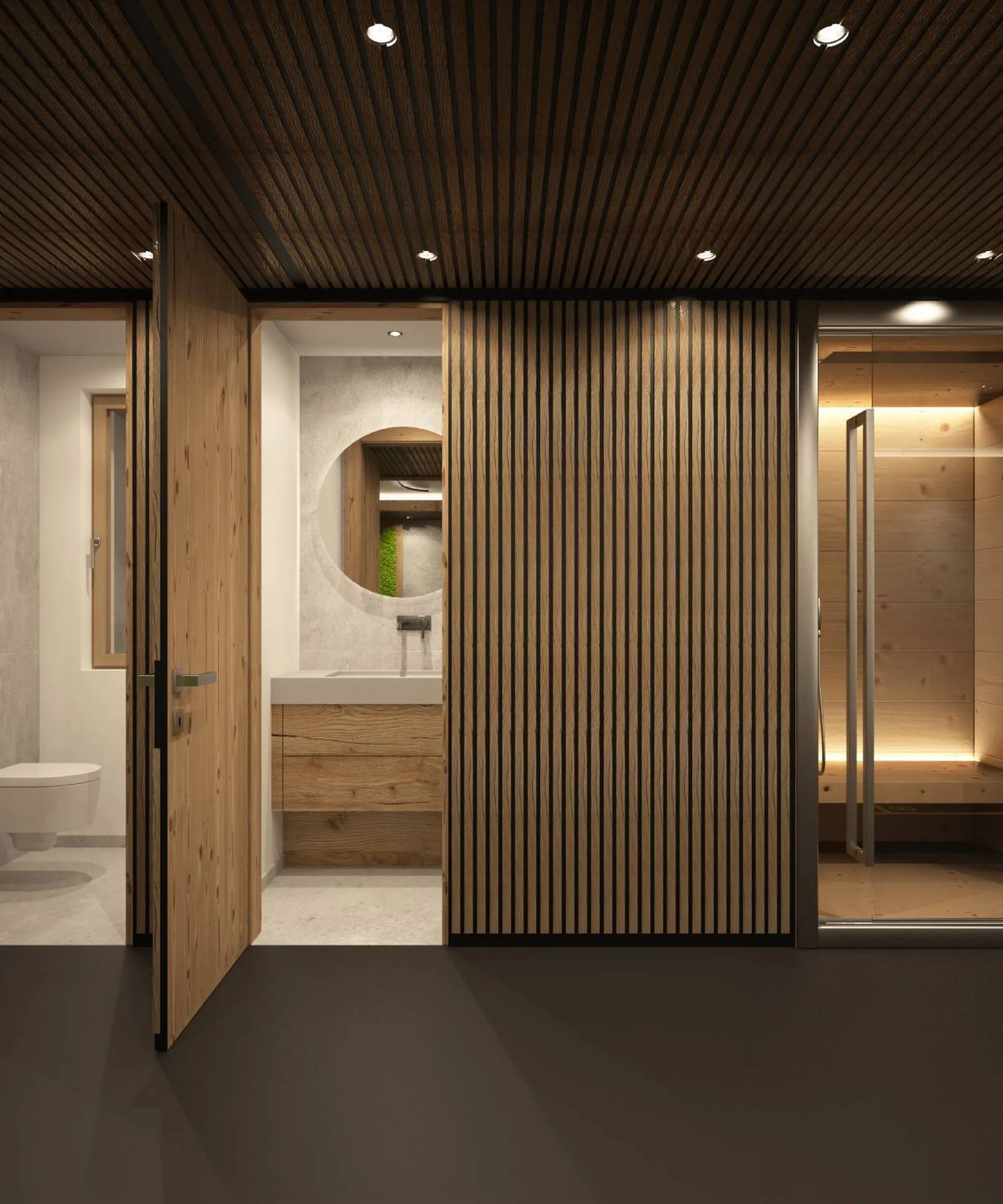 Interno moderno: corridoio con pannelli in legno fonoassorbente, porte, bagno con lavabo e WC, specchio rotondo al centro, sauna in vetro a destra.