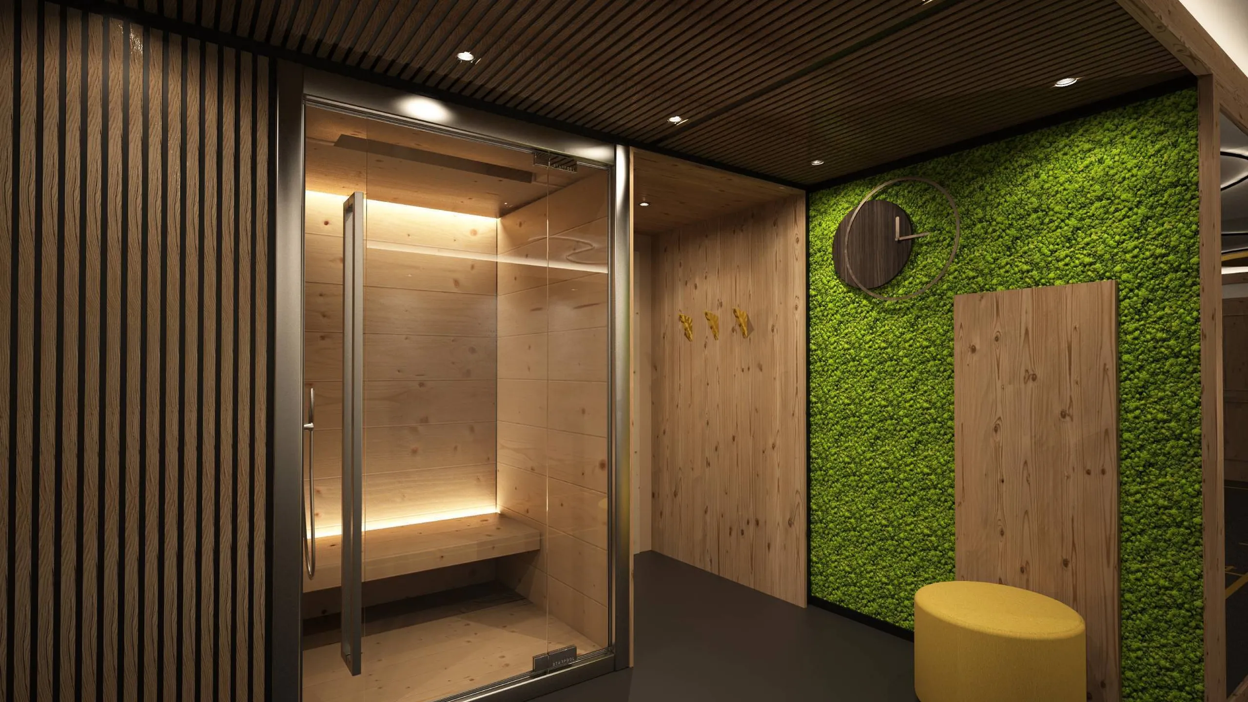 Interno moderno: sauna in legno con porta in vetro, parete di muschio verde, luci calde, arredi in legno e pouf giallo.