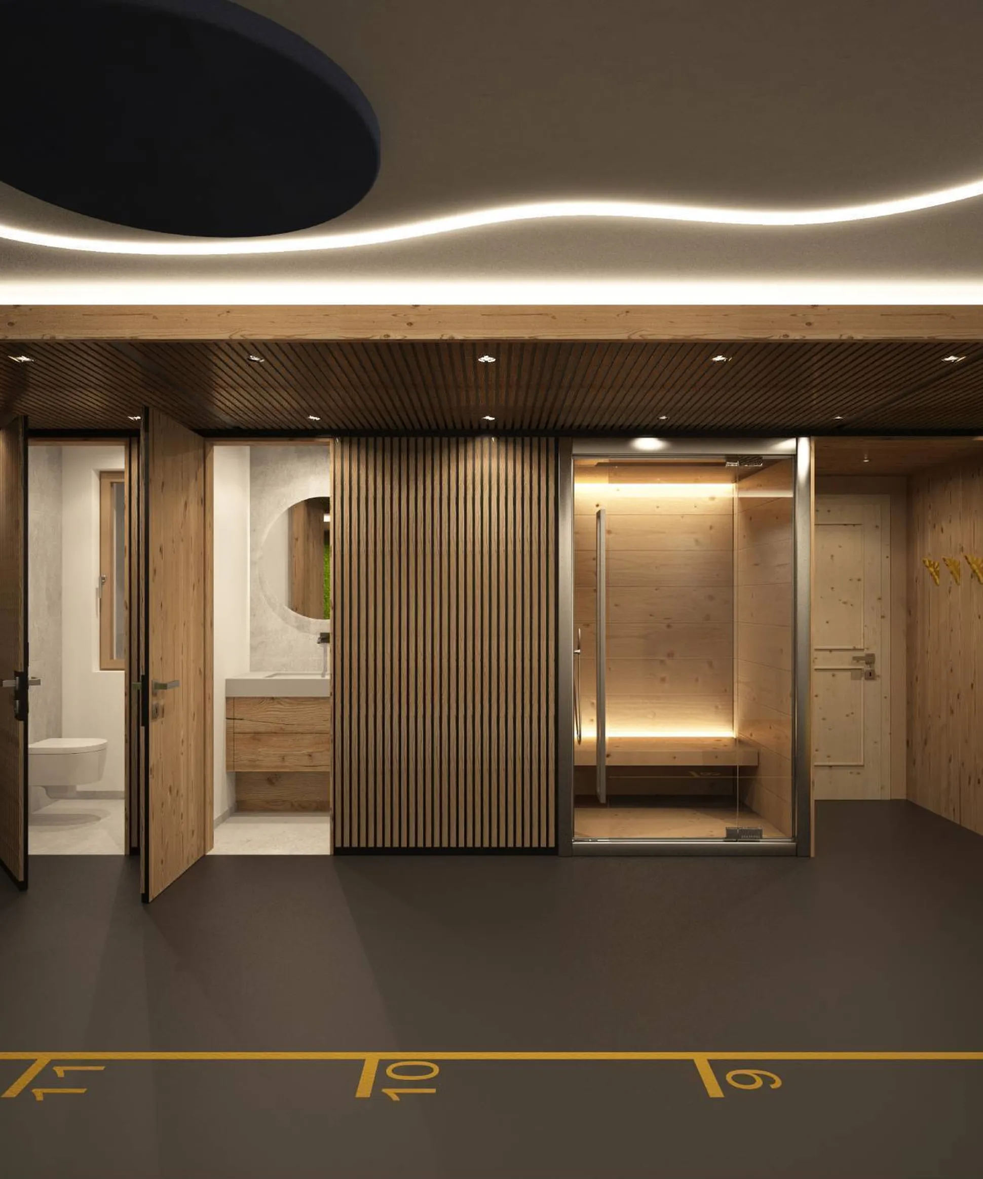 Interno showroom Silenzia: corridoio con pannelli in legno, cabine insonorizzate, parete verde muschio, TV, pouf giallo e numeri gialli.