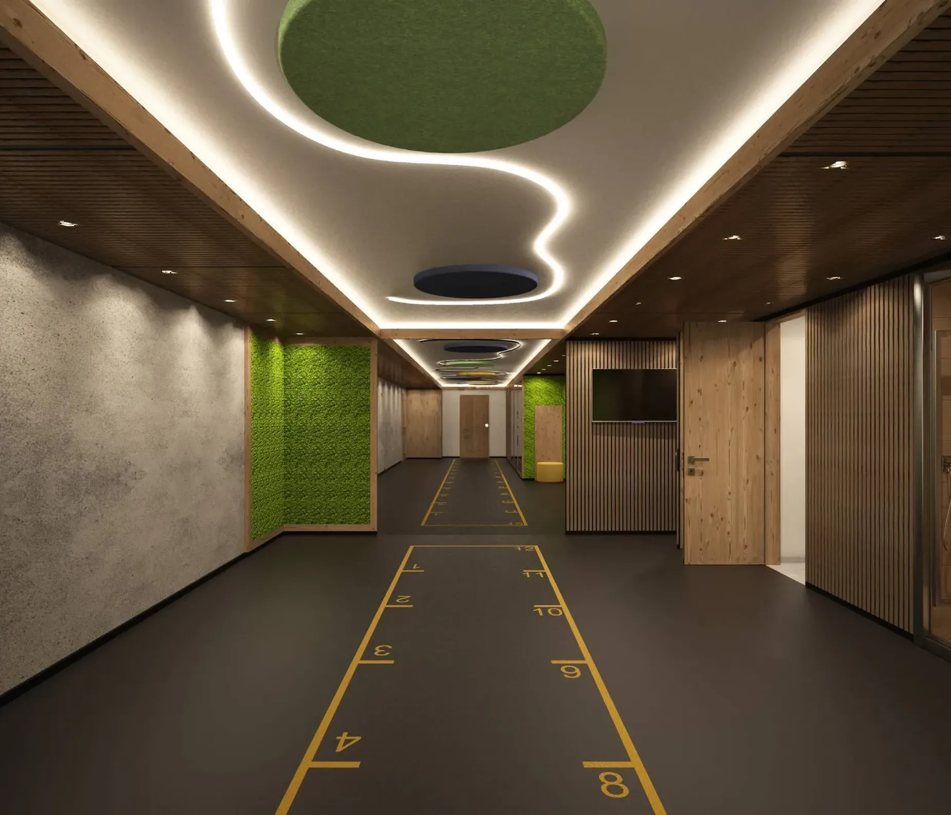 Corridor interno con pavimento scuro e linee numeriche gialle, pareti in cemento e pannelli verdi moss; soffitto con luci curve e cerchi verde/blu.