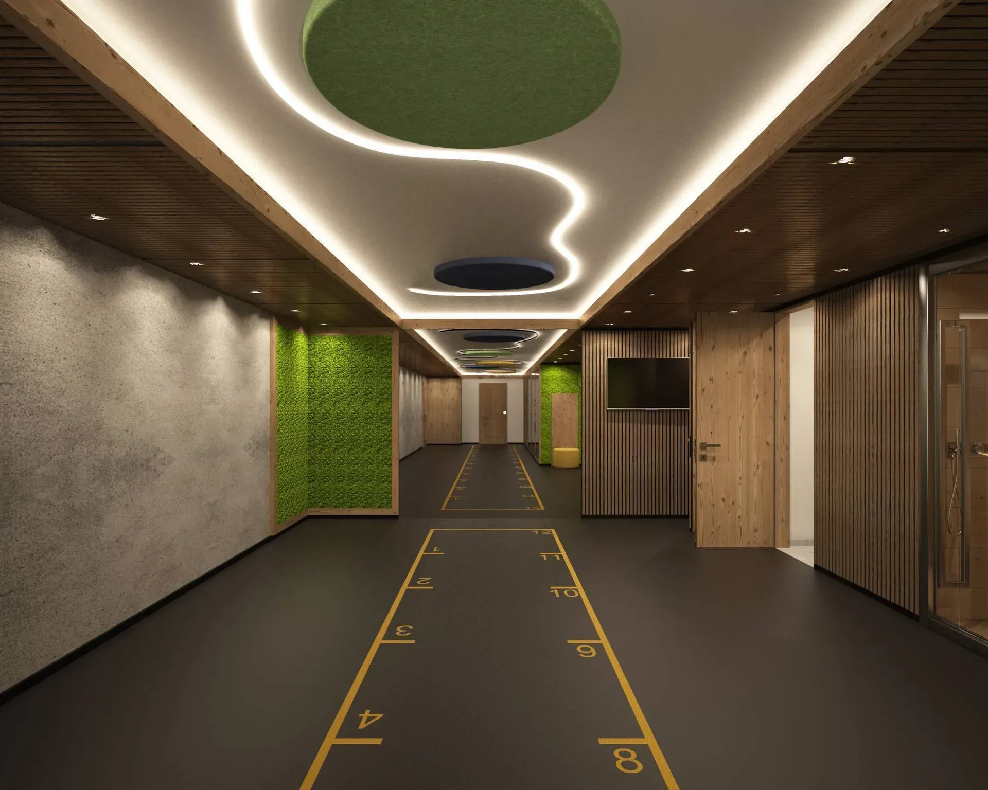 Corridor interno con pavimento scuro e linee numeriche gialle, pareti in cemento e pannelli verdi moss; soffitto con luci curve e cerchi verde/blu.