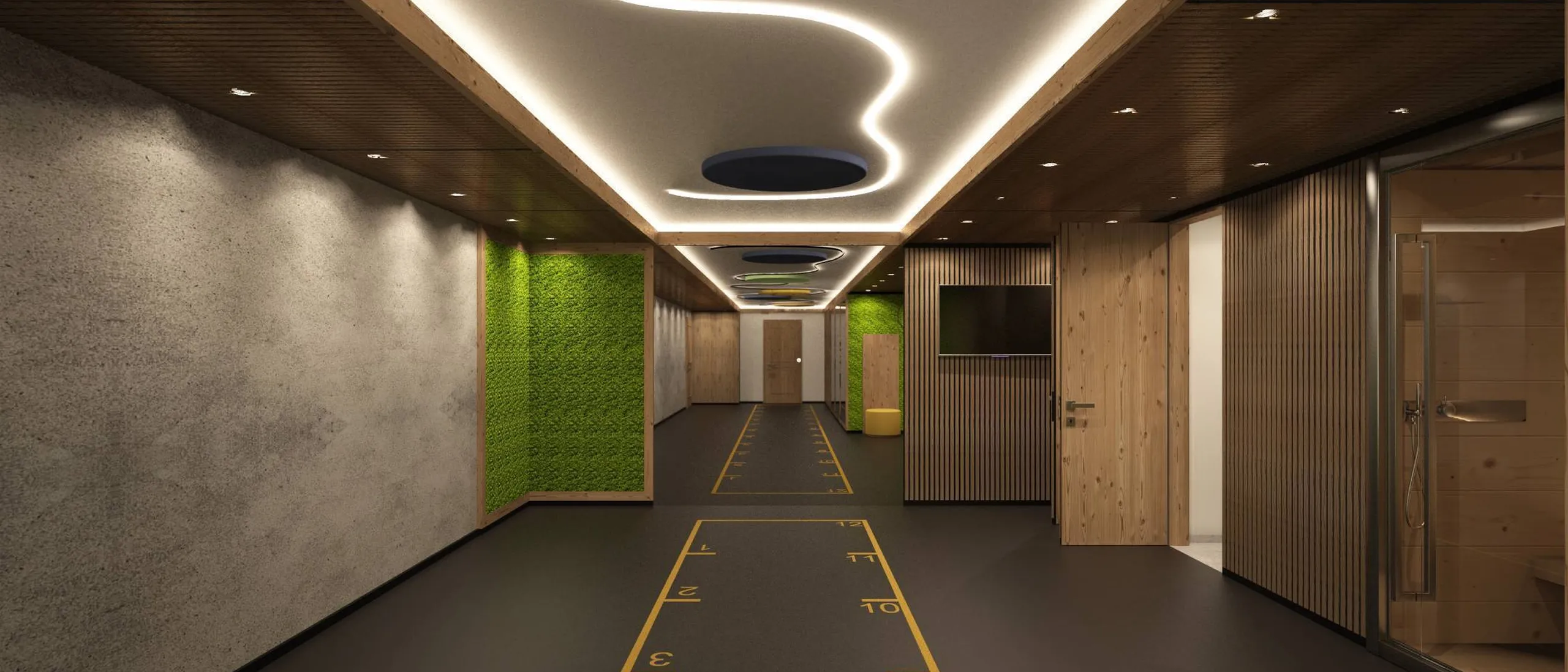Corridor interno con pavimento scuro e linee numeriche gialle, pareti in cemento e pannelli verdi moss; soffitto con luci curve e cerchi verde/blu.