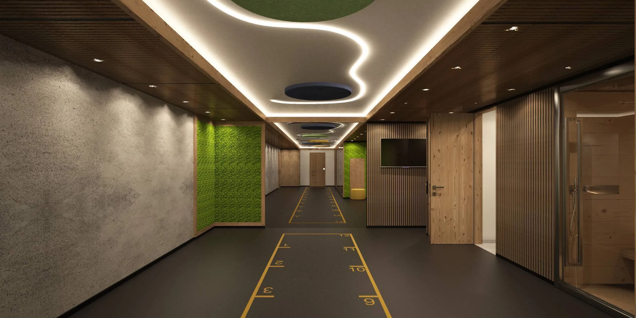 Corridor interno con pavimento scuro e linee numeriche gialle, pareti in cemento e pannelli verdi moss; soffitto con luci curve e cerchi verde/blu.