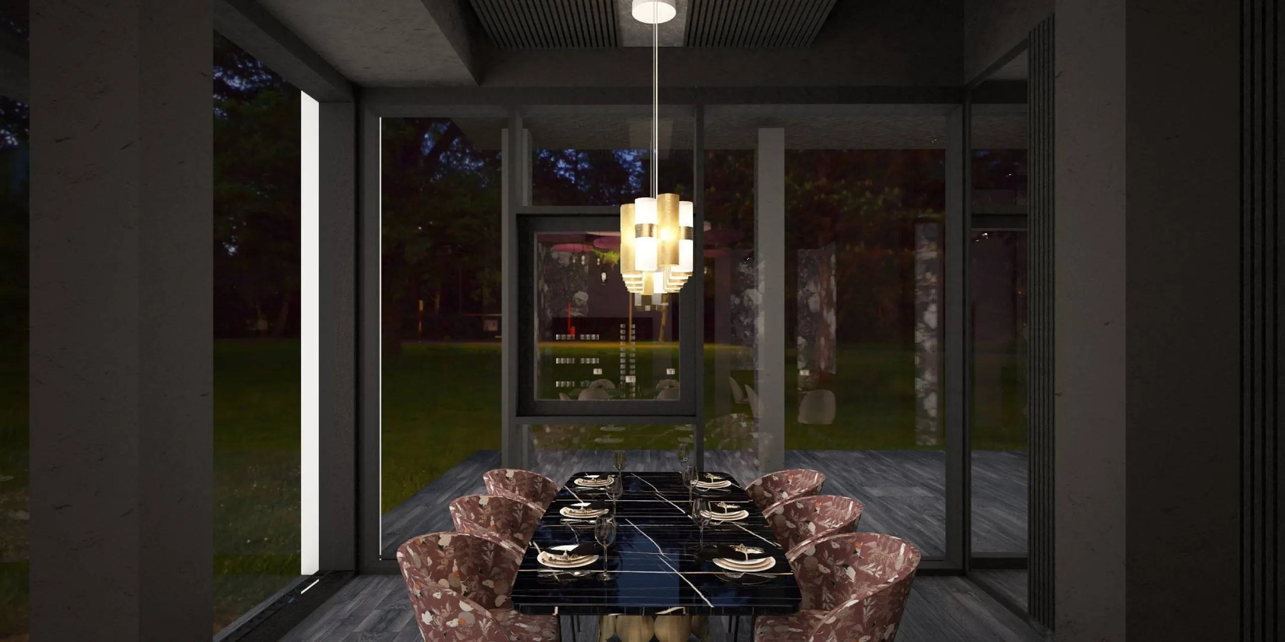 Sala da pranzo moderna: tavolo nero lucido con base dorata, sedie rosa floreali, pannelli acustici e lampadario, vetrate con vista giardino al crepuscolo.