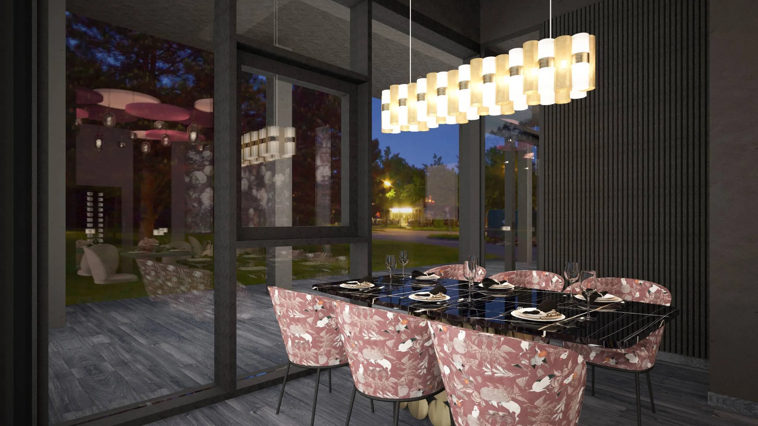 Sala da pranzo moderna: tavolo nero lucido, sedie rosa a motivo floreale, lampadario a sospensione, pareti scure e grandi vetrate su giardino serale.