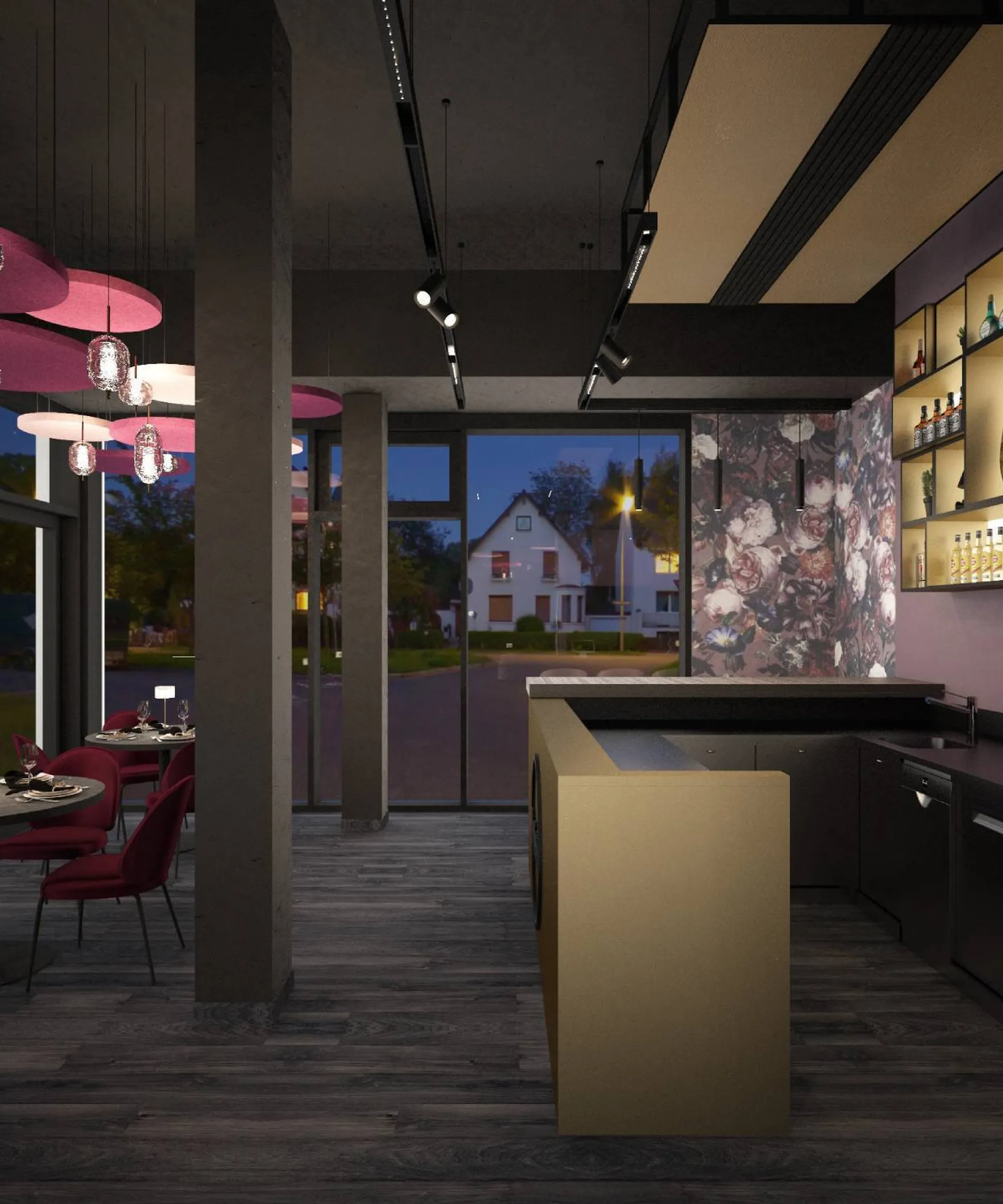 Interno caffè Silenzia: pannelli rosa sul soffitto, tavoli rotondi con sedie rosse, bancone bar elegante, scaffali di bottiglie e parete floreale; vista serale.