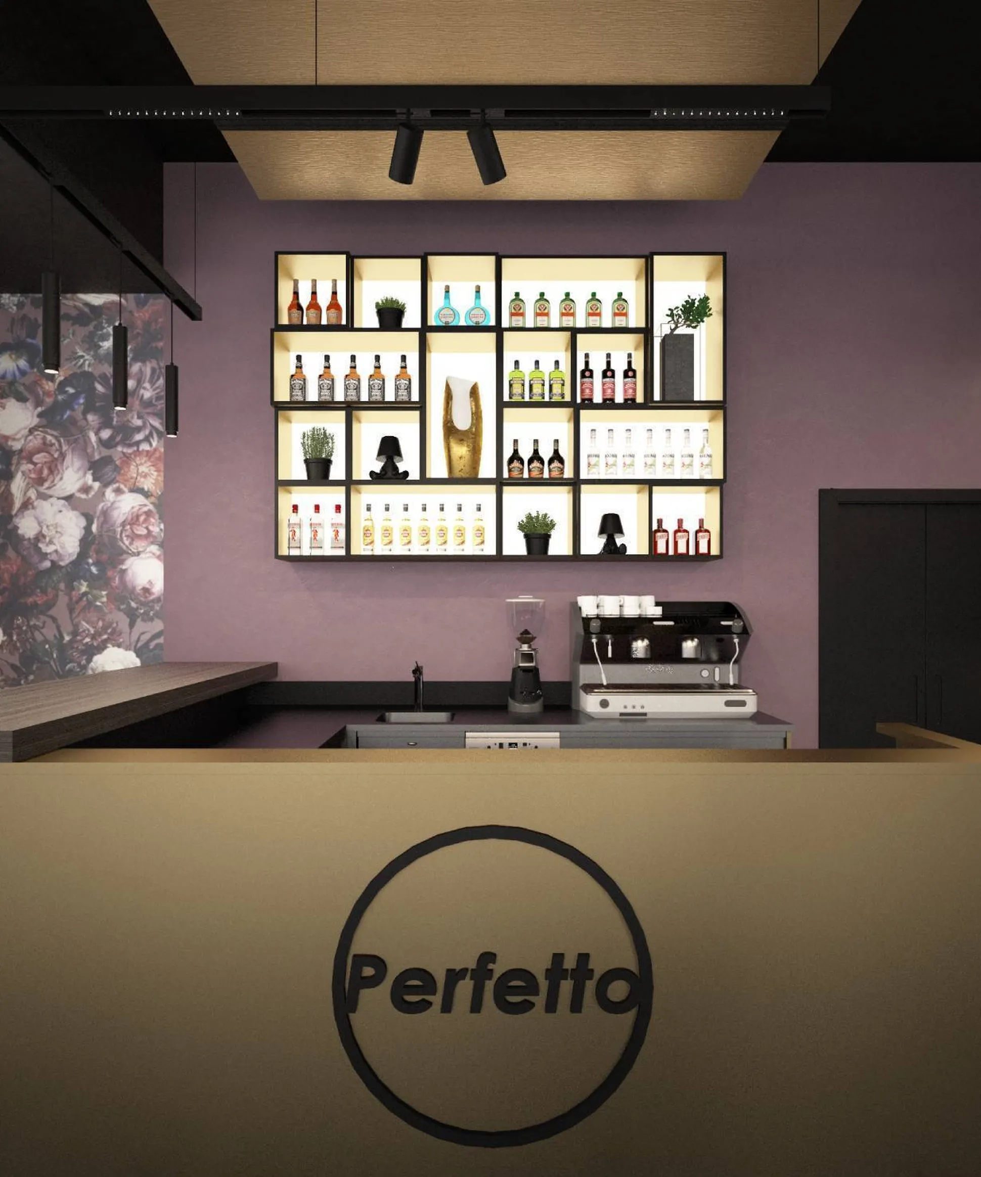 Bar moderno con pareti viola, scaffale illuminato di bottiglie e piante, macchina da caffè sul bancone e logo circolare 'Perfetto' sulla fronte.