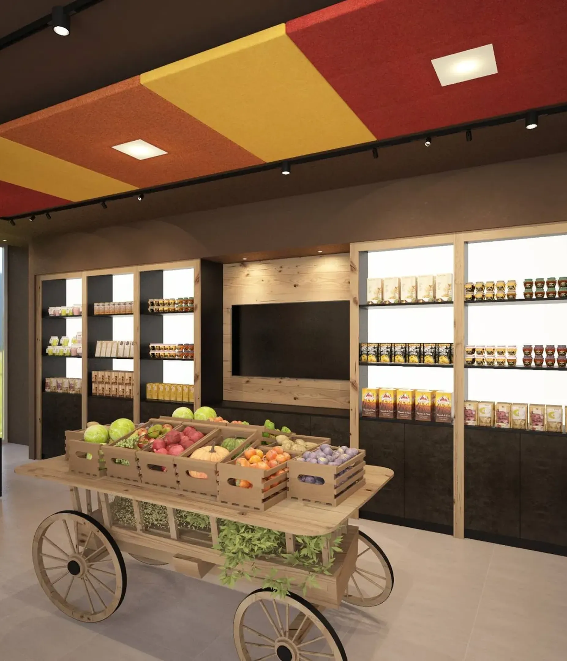 Interno showroom con scaffali in legno pieni di pannelli acustici, carrello di frutta al centro, illuminazione calda e cartello GRI’90 a sinistra.