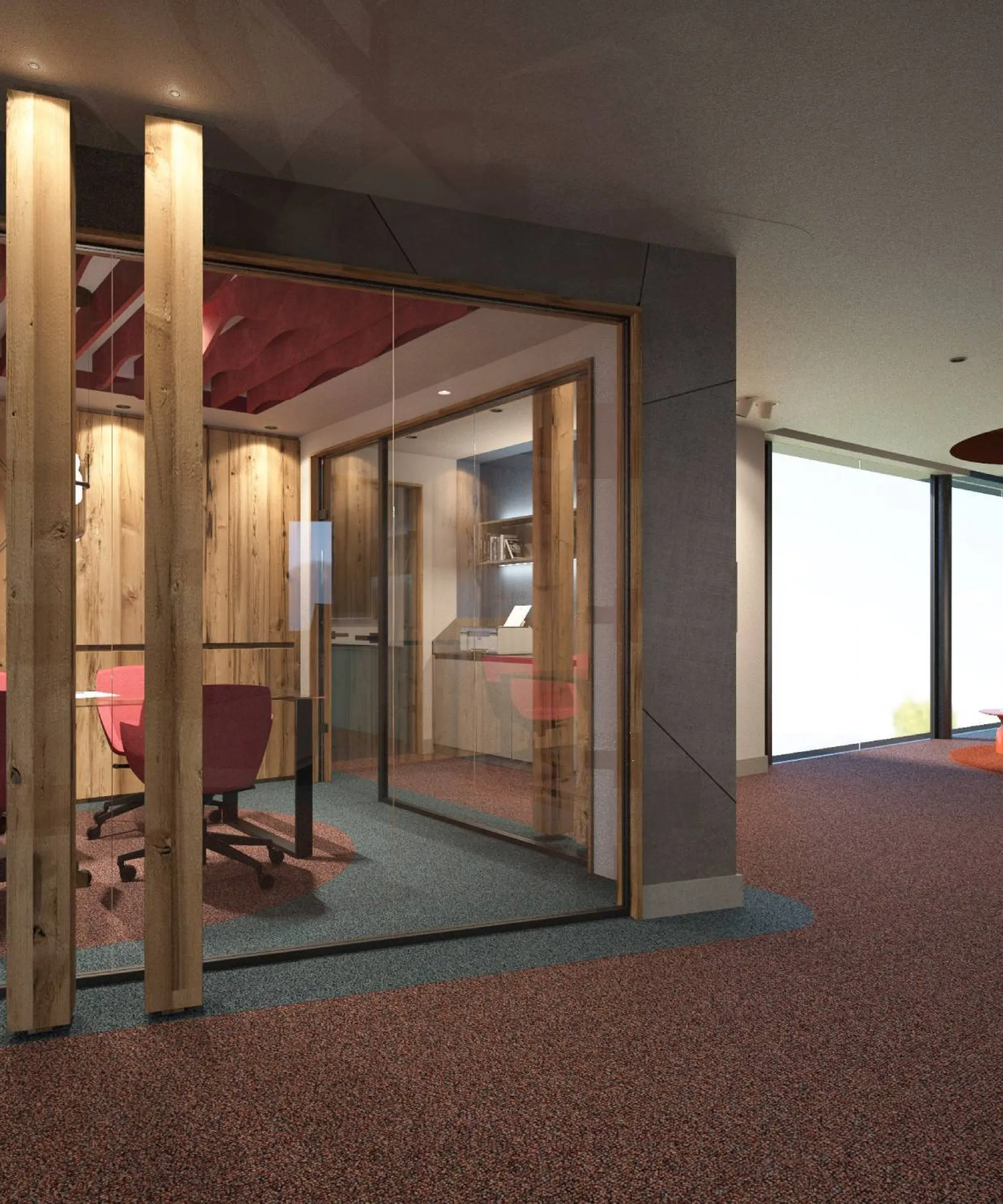 Interno moderno Silenzia: sala conferenze in vetro con colonne di legno, sedie rosse, grande orologio su pannello, corridoio con tappeto rosso e lounge arancione vicino finestre.