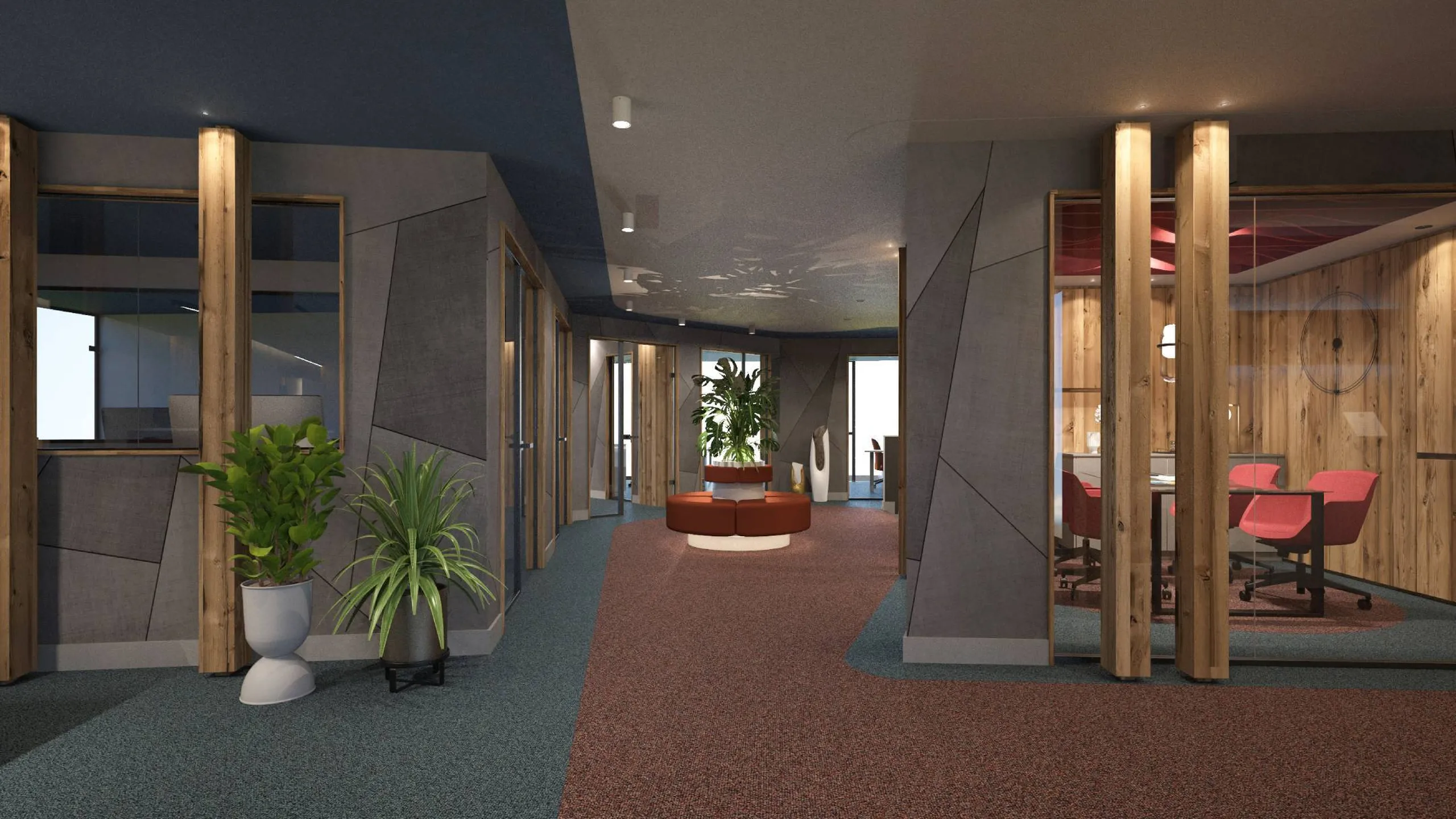 Contemporary office corridor with acoustic panels, wooden columns, and plants, centered by a circular orange seating area at the end; glass-walled meeting rooms on the right.