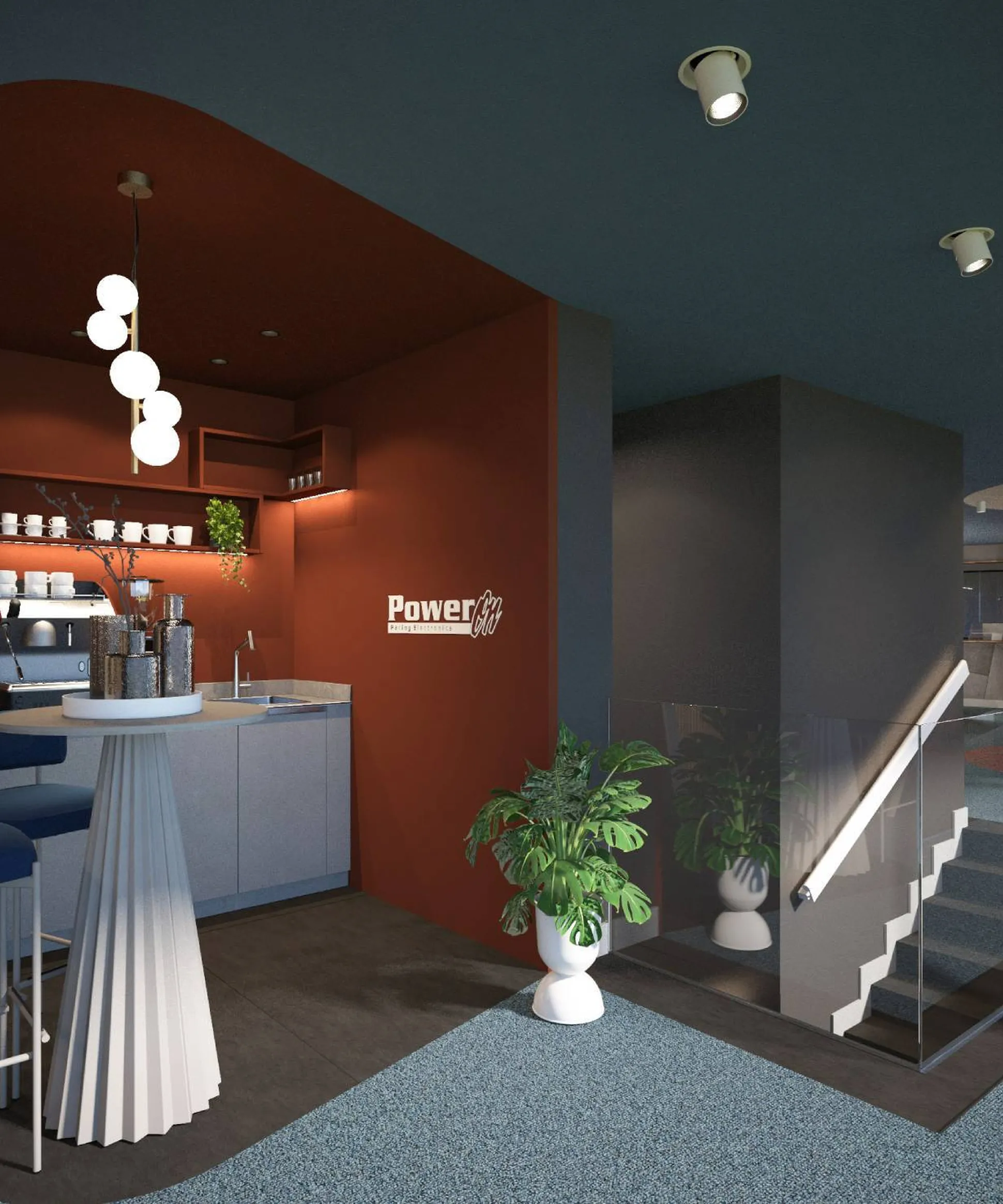 Zona caffè moderna in showroom Silenzia: banco bianco, sgabelli blu, parete rossa con scaffali, macchina espresso, lampade a sfere, piante e scala in vetro.