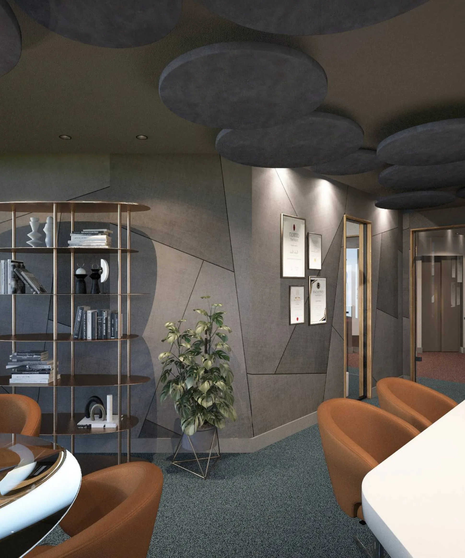 Ufficio moderno Silenzia: pannelli acustici al soffitto, reception bianca con monitor, sedie arancioni, scaffale in ottone e piante.